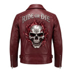 Vintage Crimson Red Skull Leather Jacket |Motorcycle Jacket with Skull Back