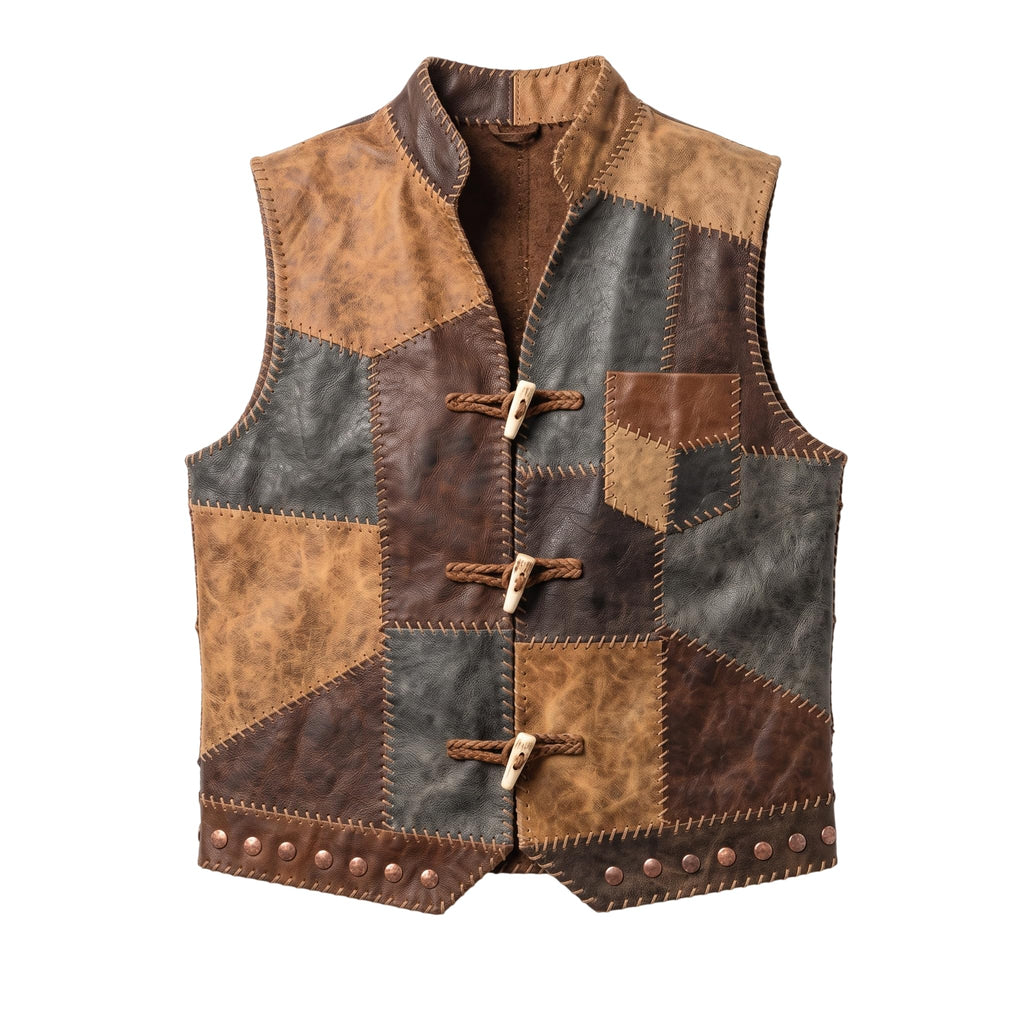 Timber&Hide Men's Patchwork Leather Vest|Handmade Genuine Leather Vest|Vintage Patch Leather Vest|Rustic Biker Motorcycle Vest