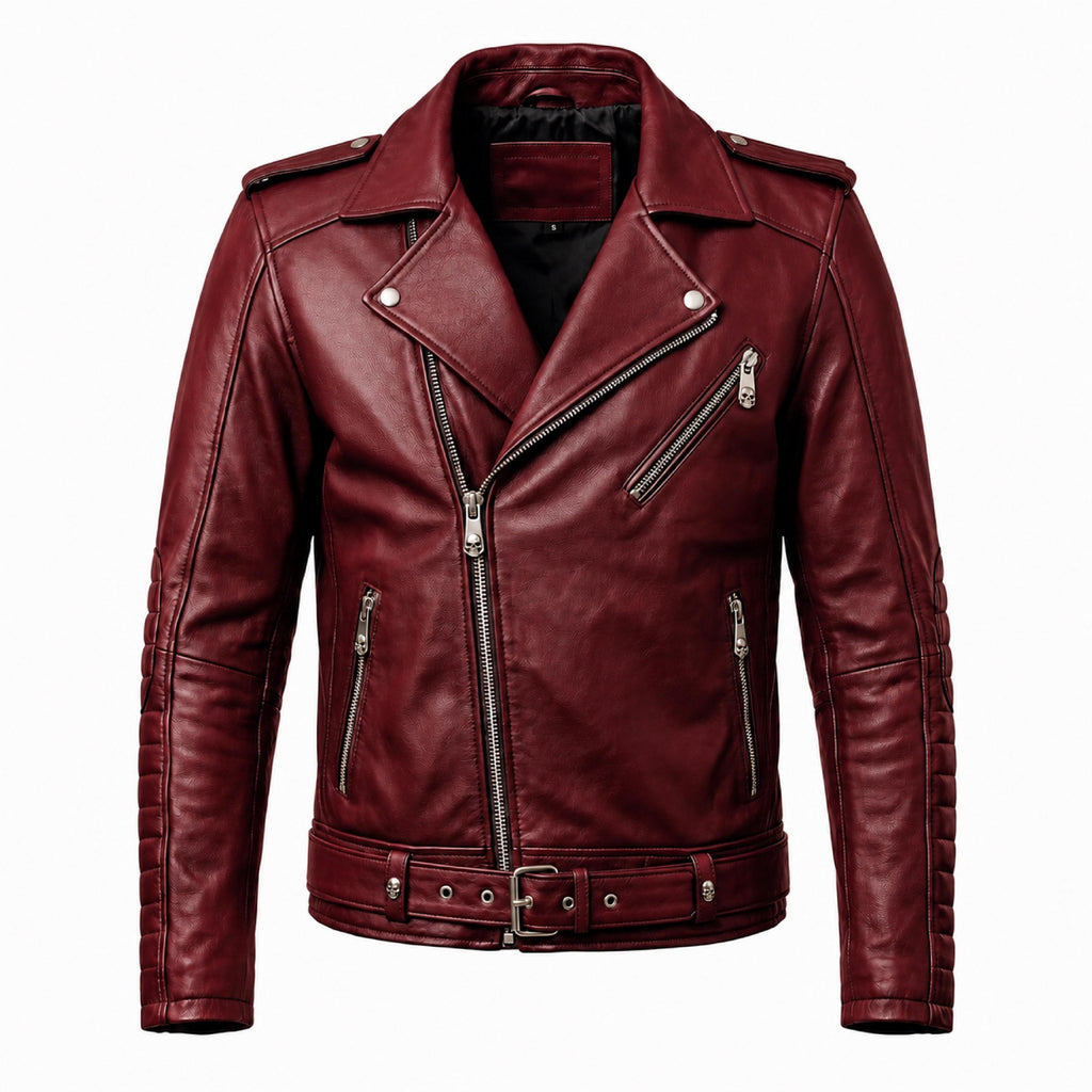 Motorhead Inspired Burgundy Leather Biker Jacket with Skull Print