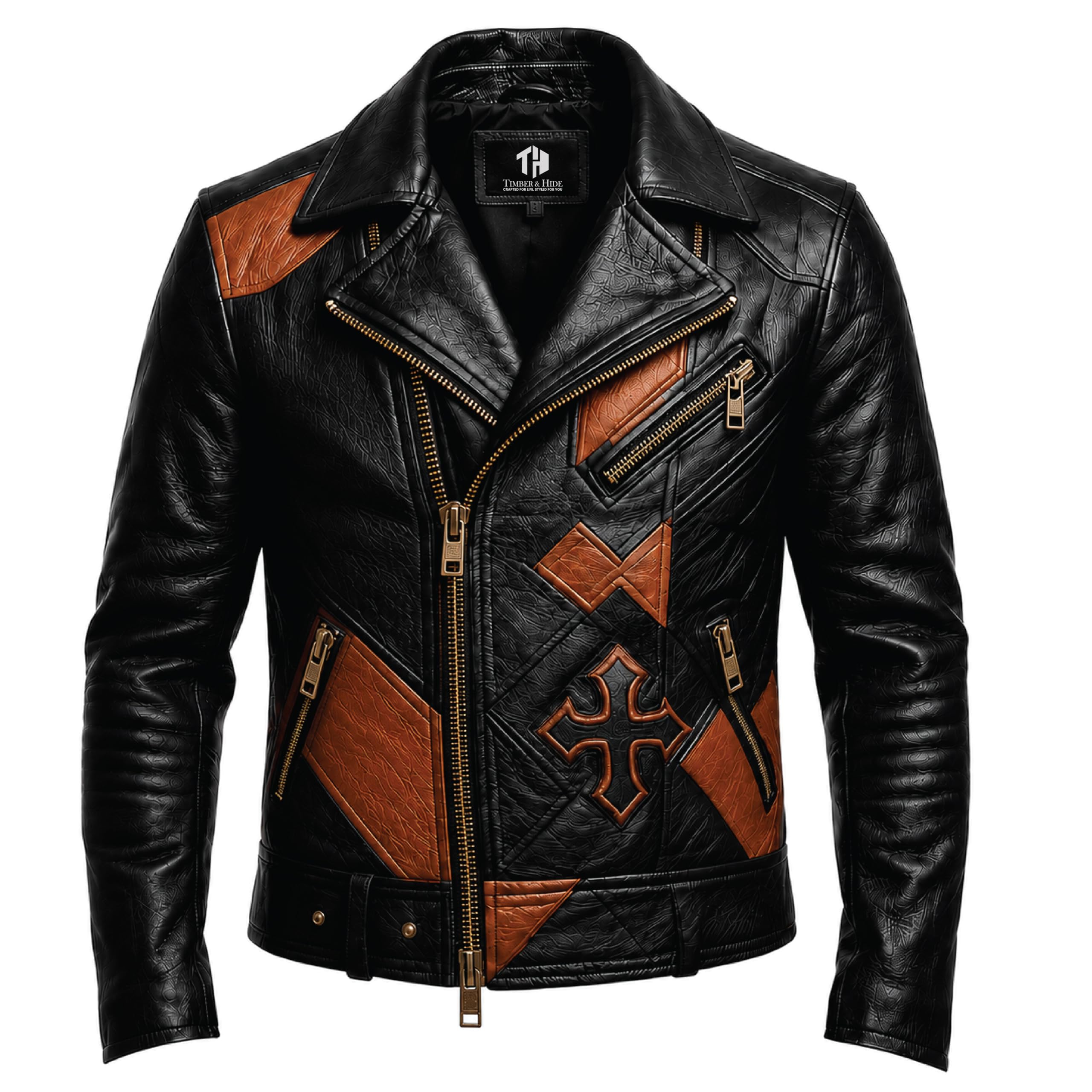Timber&Hide Men's Patchwork Leather Biker Jacket | Handmade Motorcycle Jacket | Gothic Cross Back Patch | Vintage Cafe Racer Coat | Genuine Leather Jacket
