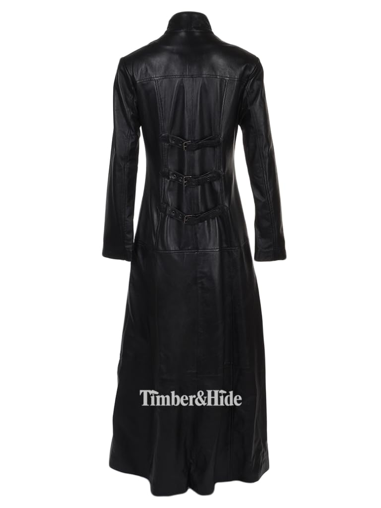 Women's Long Black Leather Trench Coat