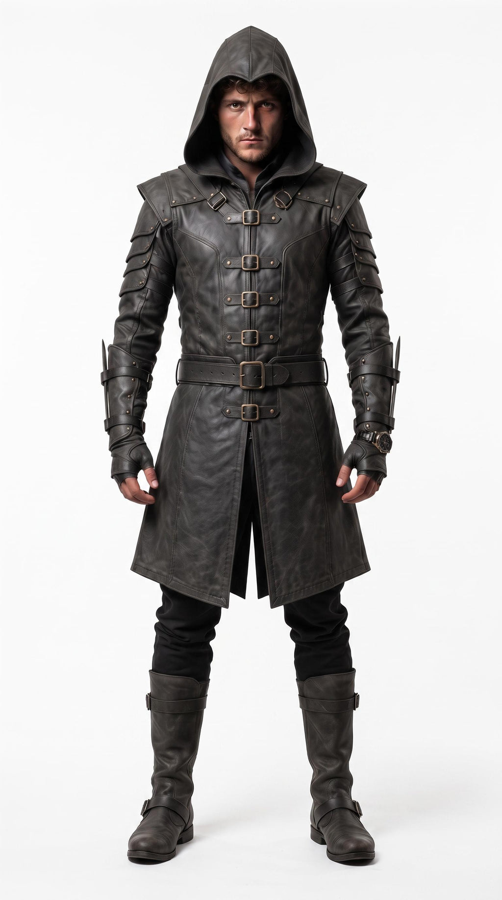 Men's Hooded Leather Assassin Coat | Medieval Ranger Trench LARP Cosplay Jacket