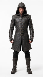 Men's Hooded Leather Assassin Coat | Medieval Ranger Trench LARP Cosplay Jacket