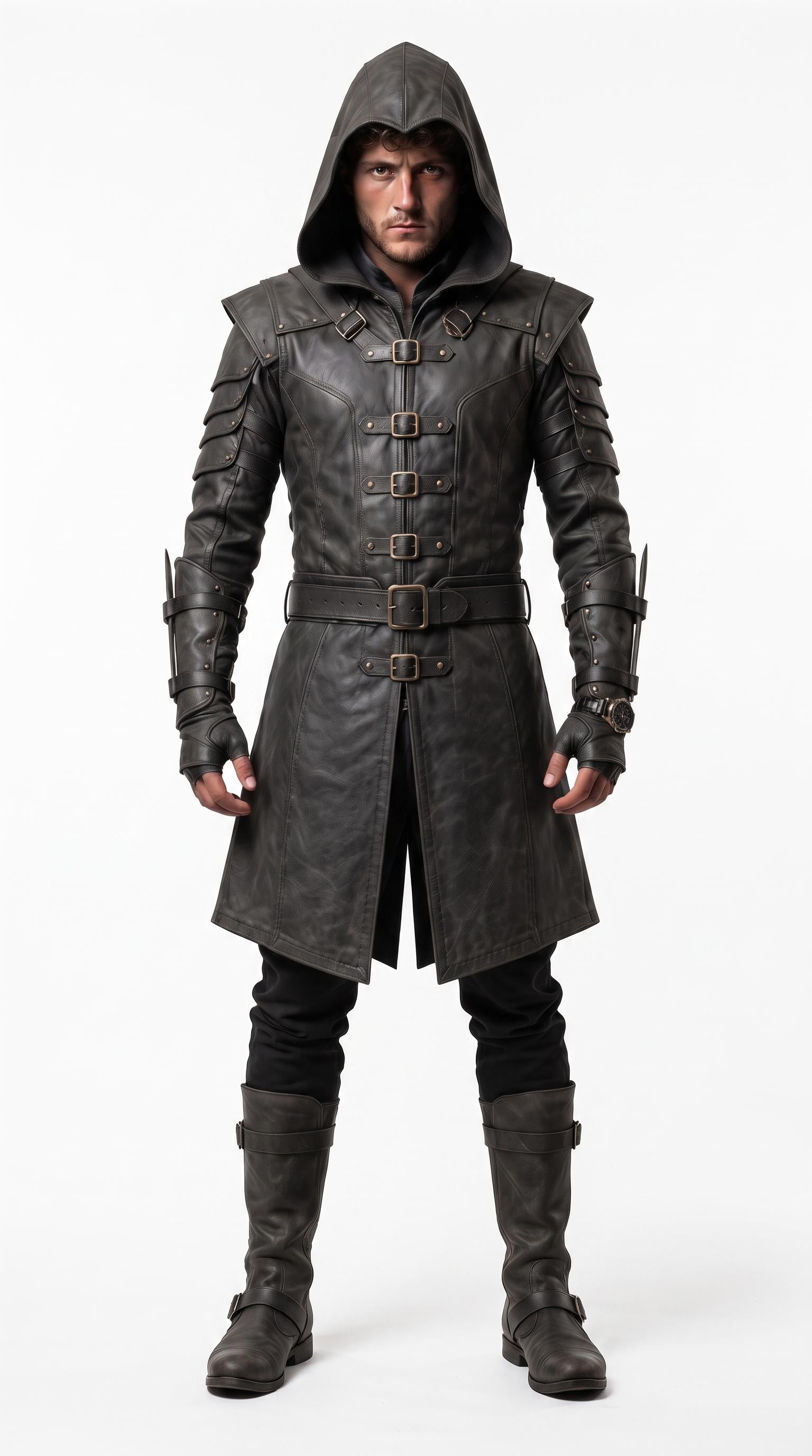Men's Hooded Leather Assassin Coat | Medieval Ranger Trench LARP Cosplay Jacket