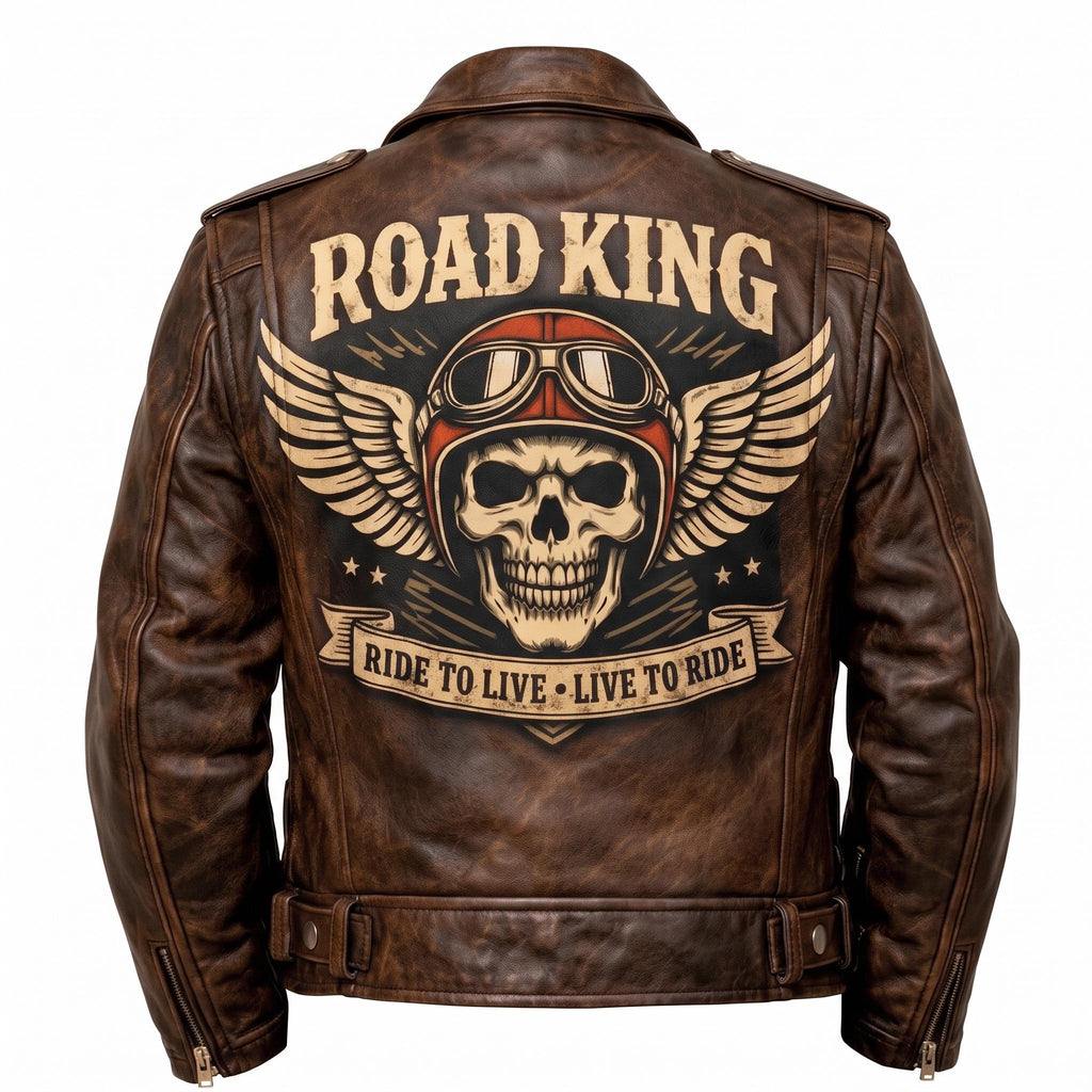 Road King Vintage Leather Jacket - Winged Skull & "Ride to Live" Biker Design