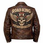 Road King Vintage Leather Jacket - Winged Skull & "Ride to Live" Biker Design