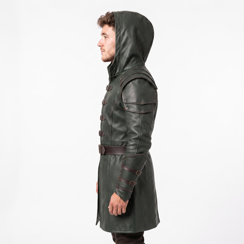 Men's Hooded Leather Assassin Coat: Dark Fantasy Ranger Trench Jacket