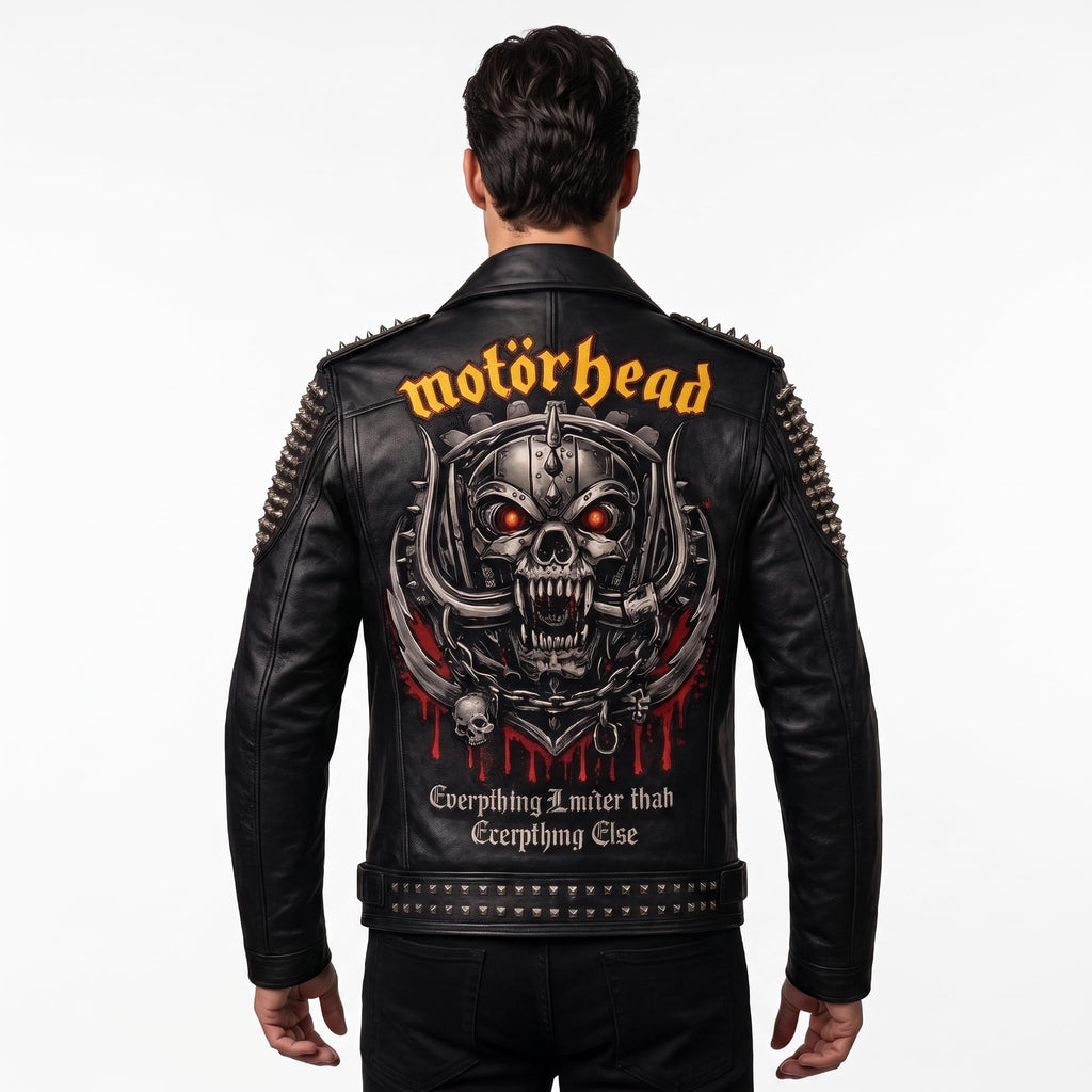 Timber&Hide Men's Crimson red Leather Biker Jacket | Studded Punk Rock Demon Skull Design