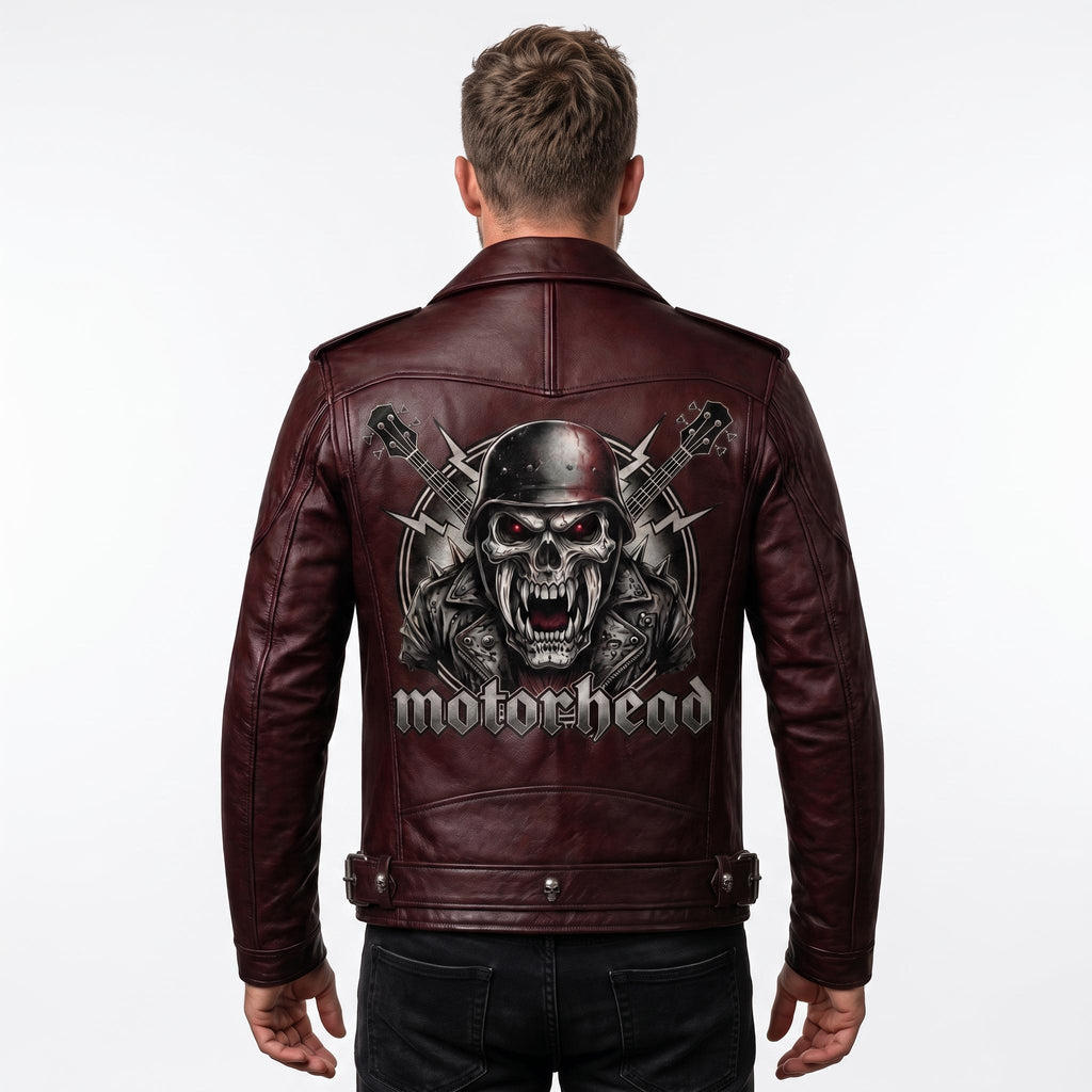 Motorhead Inspired Skull Print Leather Biker Jacket – Men's Gothic Rock Rider Coat