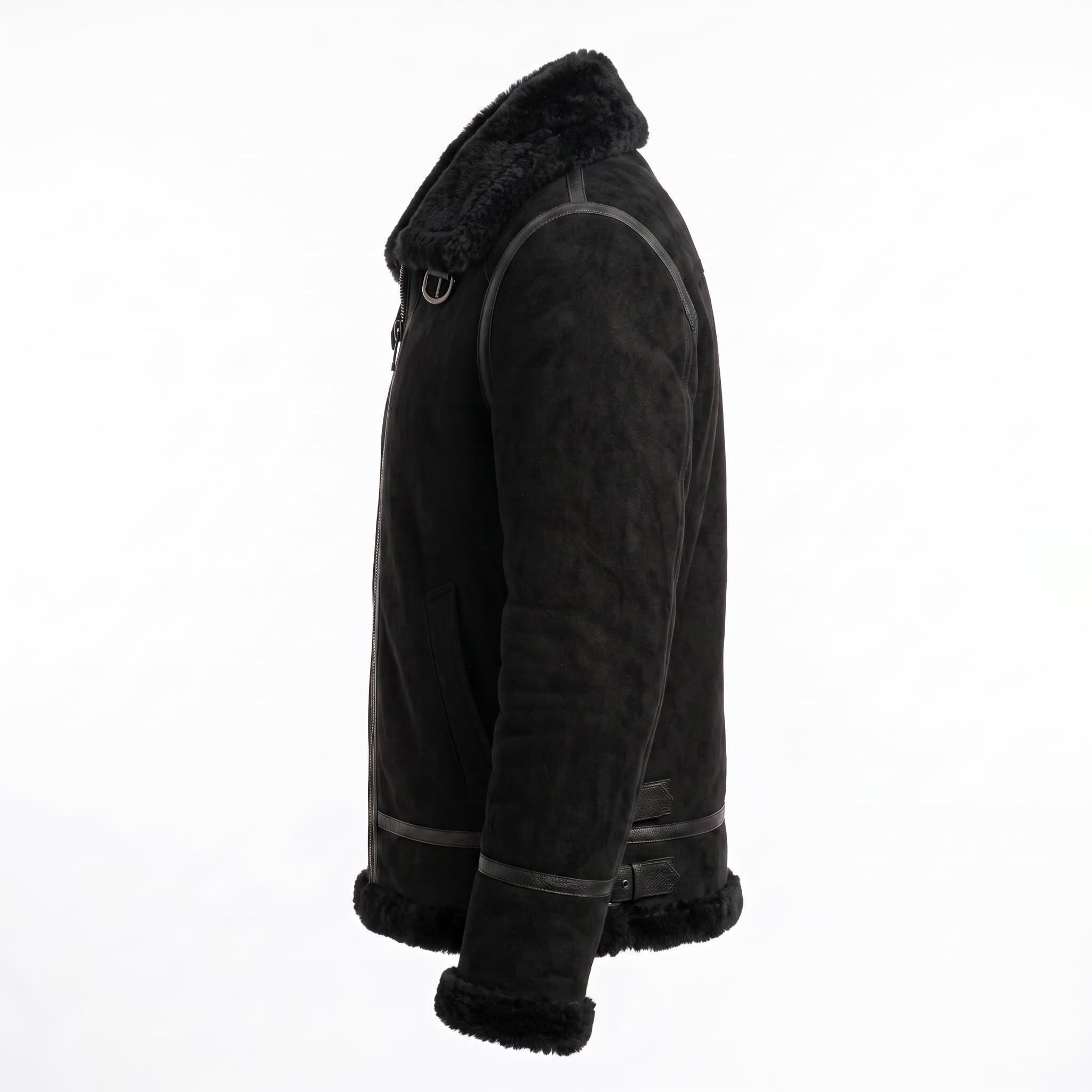Timber&Hide Black Suede Lamb Shearling Biker Jacket with Buckle Collar – Premium Suede Shearling Jacket