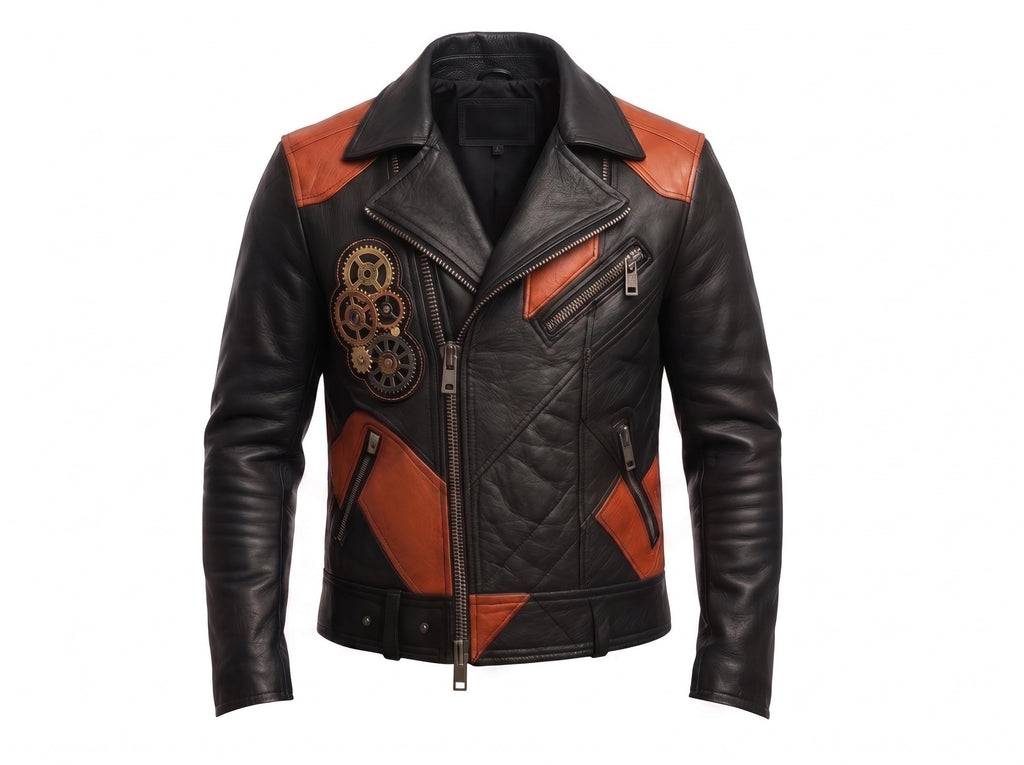 Timber&Hide Men's Leather Biker Moto Jacket | Gothic Cross Design | Embroidered Patch jacket