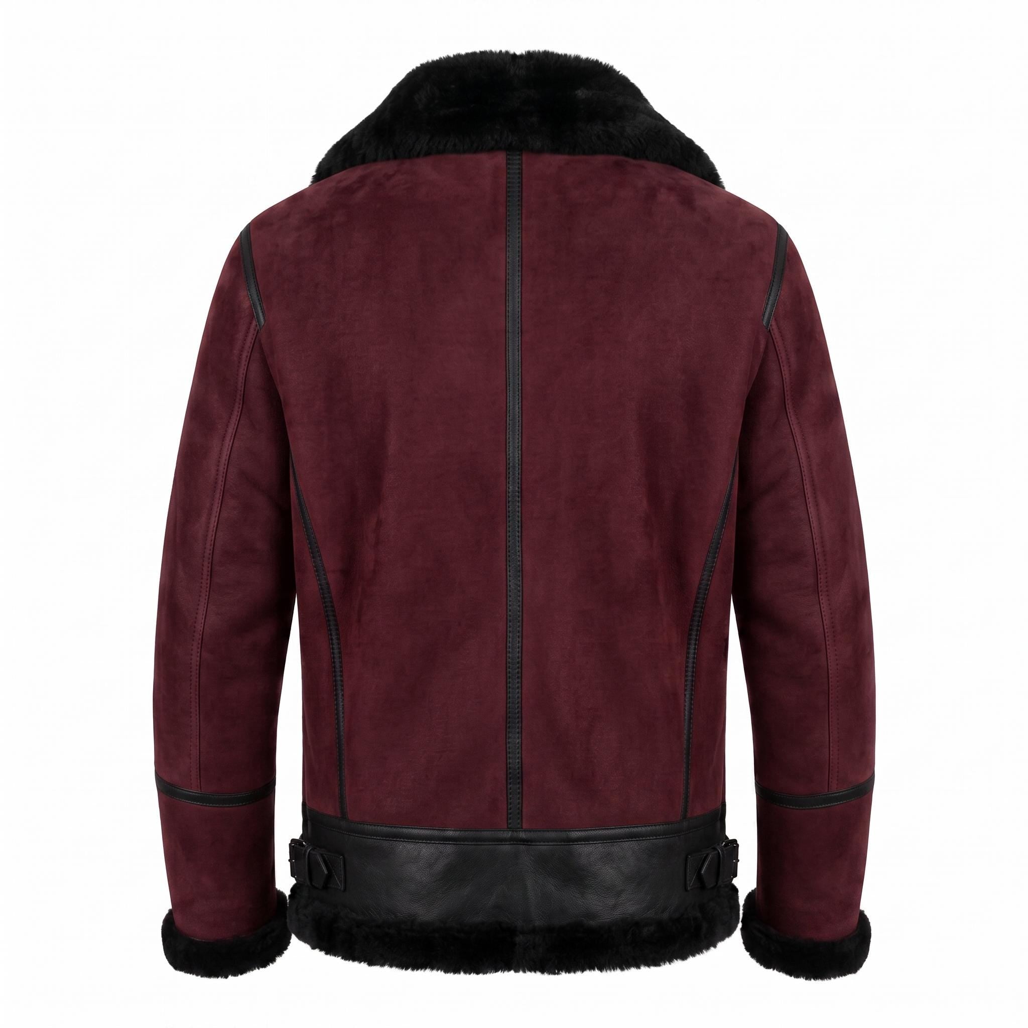 Men's Suede Shearling Aviator Jacket, Brown Leather Trim Biker Style