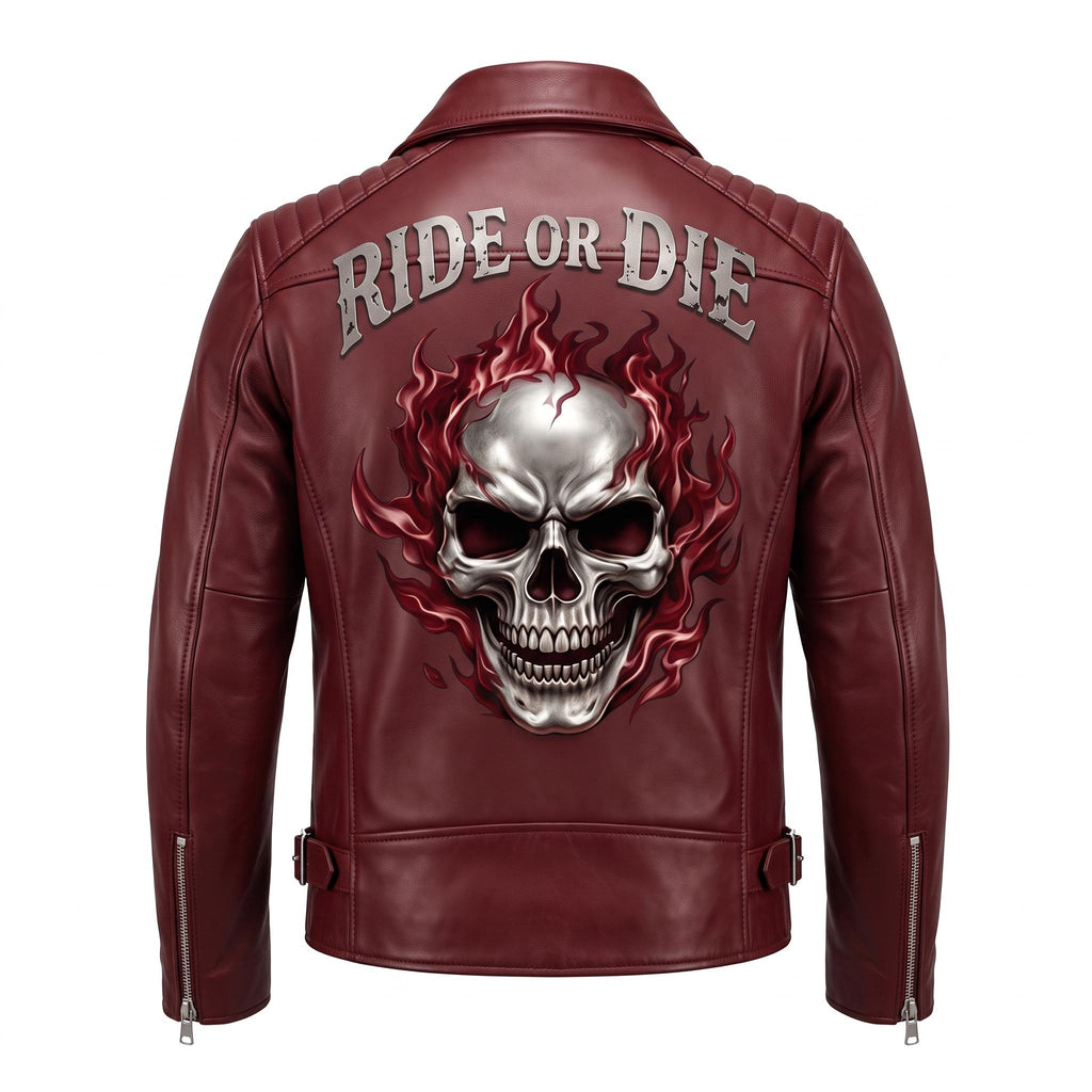 Ghost Rider Inspired Crimson Red Leather Biker Jacket | Flaming Skull Graphic, Ride or Die