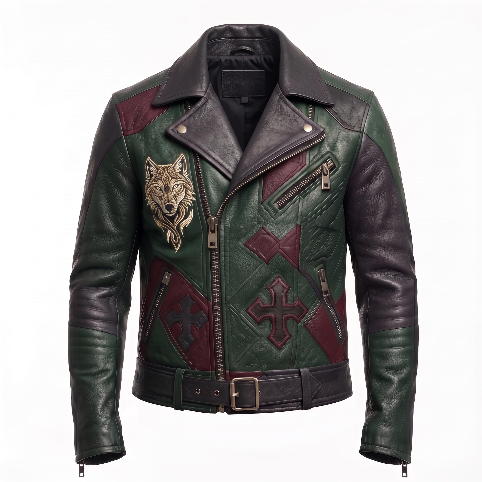 Timber&Hide Men's Leather Biker Moto Jacket | Gothic Cross Design | Embroidered Patch jacket