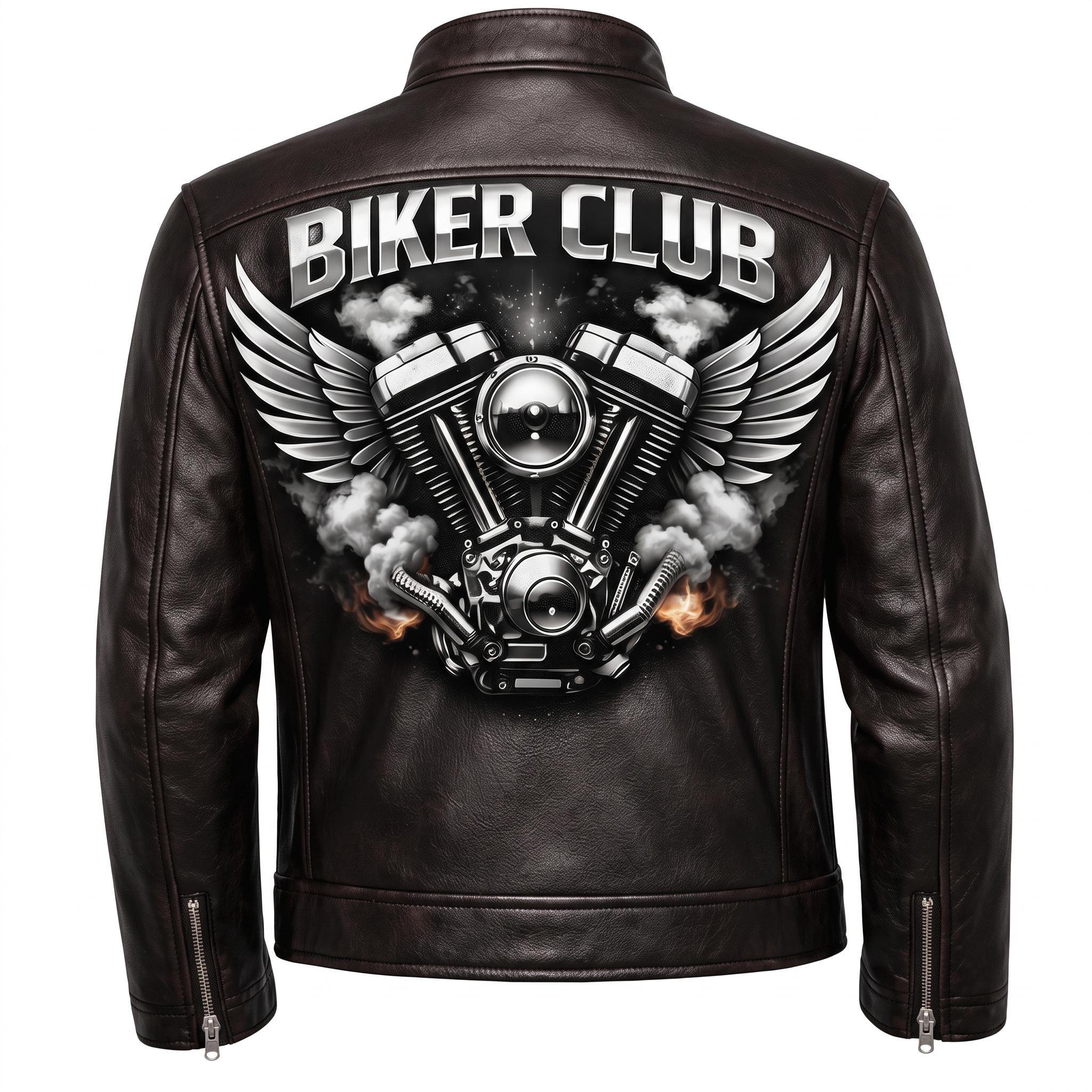Biker Club V-Twin Engine Leather Jacket - Winged Motor Graphic Cafe Racer