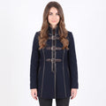 Navy Wool Coat with Leather Trim, Buckle Front, Dark Academia Style Jacket