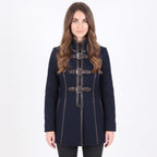 Navy Wool Coat with Leather Trim, Buckle Front, Dark Academia Style Jacket