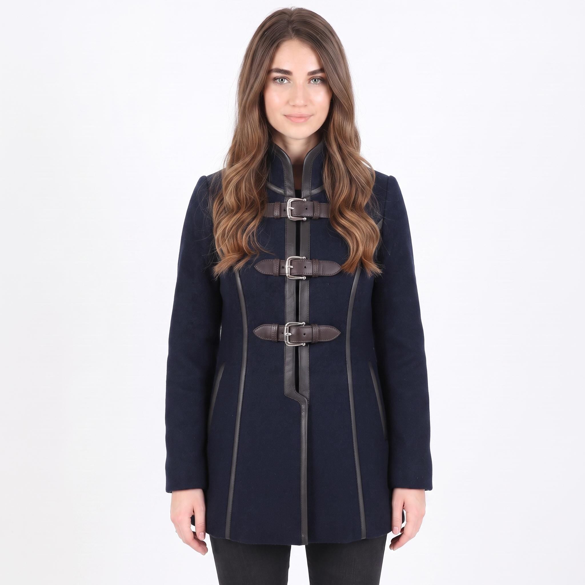 Navy Wool Coat with Leather Trim, Buckle Front, Dark Academia Style Jacket