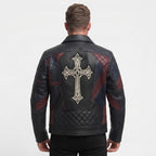 Timber&Hide Men’s Black Leather Biker style Moto jacket with Cross Design Gothic Punk Motorcycle Style