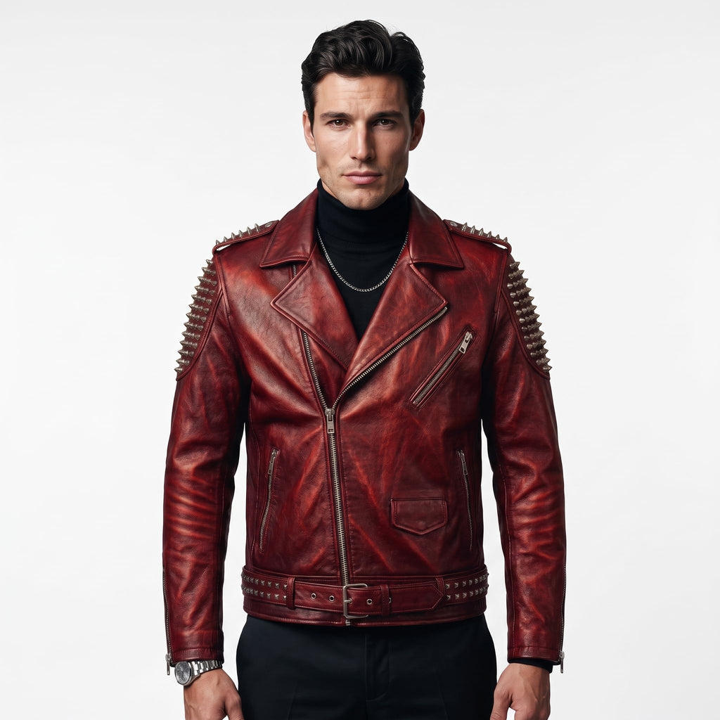 Timber&Hide Men's Crimson red Leather Biker Jacket | Studded Punk Rock Demon Skull Design
