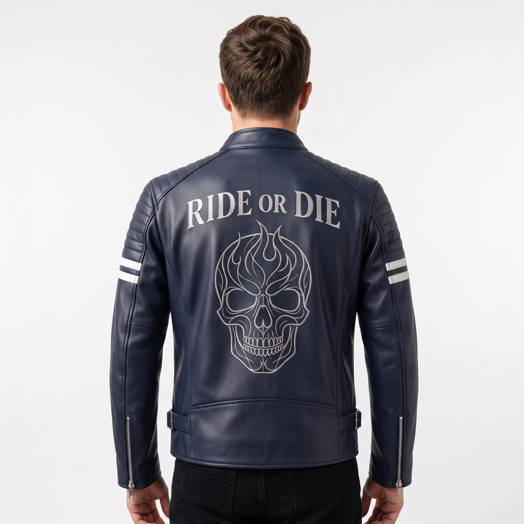 Vintage Royal Blue Leather Biker Jacket | Flaming Skull Back Graphic