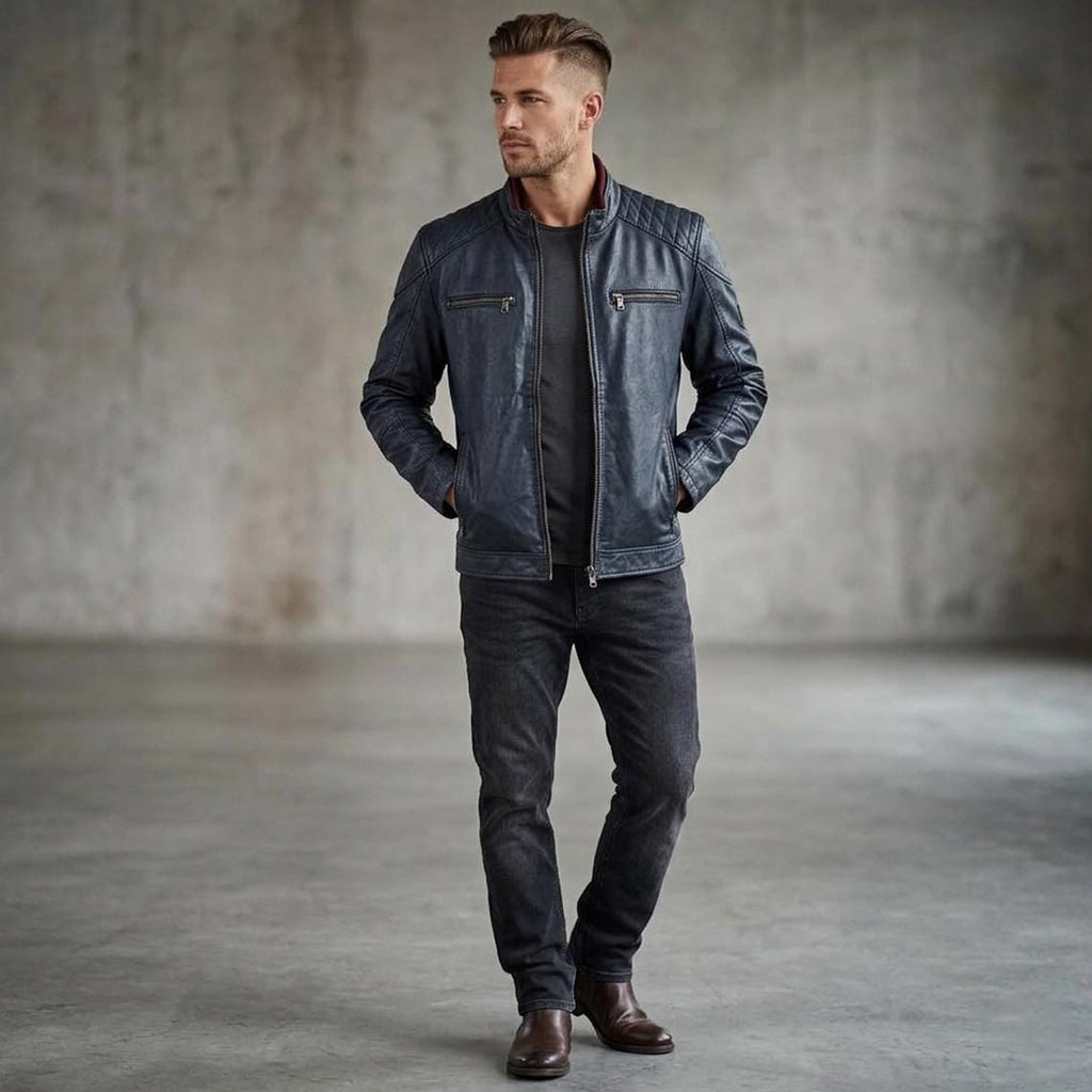 Men's Genuine Leather Biker Jacket | Eagle Patch Cafe Racer Coat