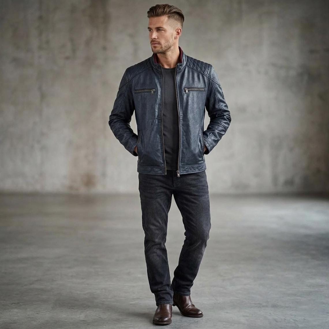 Men's Genuine Leather Biker Jacket | Eagle Patch Cafe Racer Coat