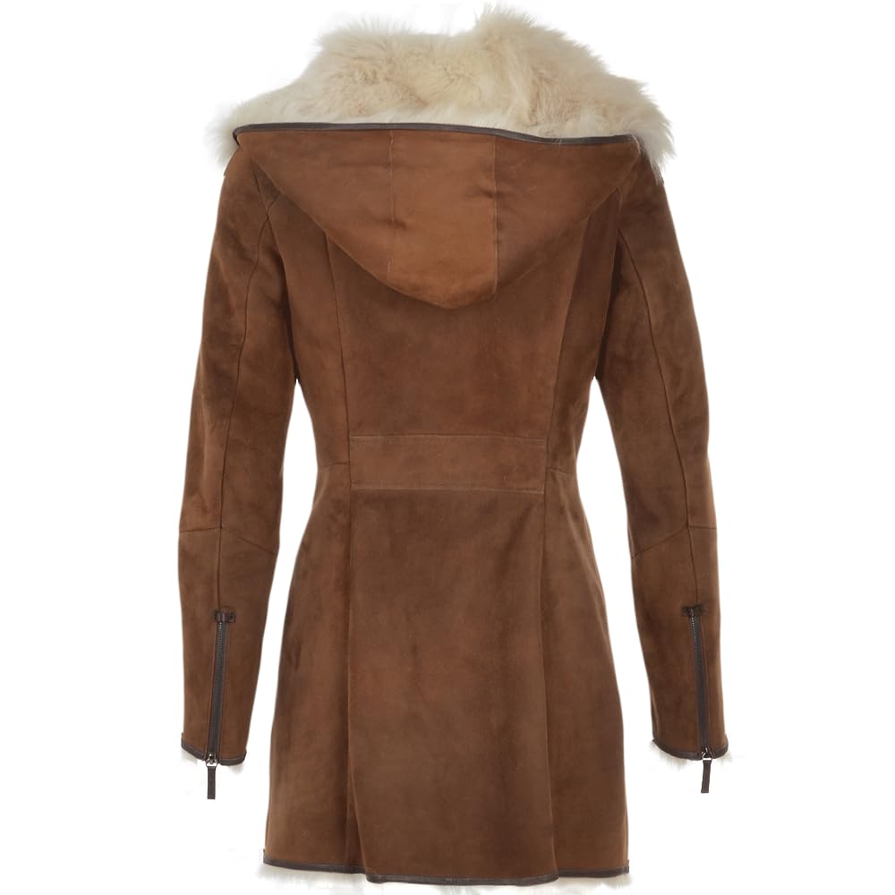 Timber&Hide Hooded Toscana Coat Brown with Shearling Trim – Women Toscano Sheepskin Jacket in Toscano Leather