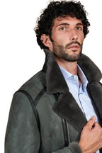 Jasper Grey Shearling Biker Jacket with Cross Zipper – Suede Bomber Jacket