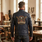 Men's Genuine Leather Biker Jacket | Eagle Patch Cafe Racer Coat