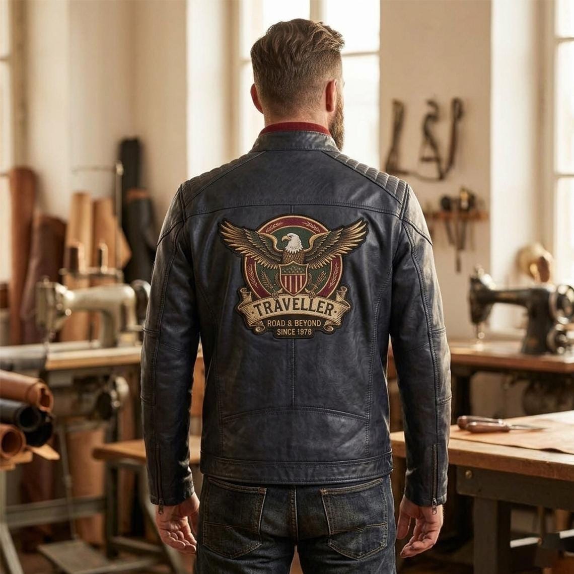 Men's Genuine Leather Biker Jacket | Eagle Patch Cafe Racer Coat