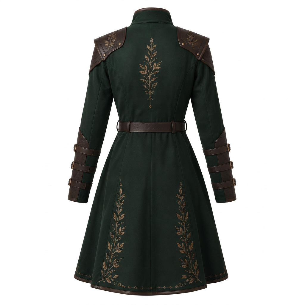 Women's Dark Green Elven Ranger Coat with Leather Accents and Embroidery