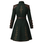 Women's Dark Green Elven Ranger Coat with Leather Accents and Embroidery