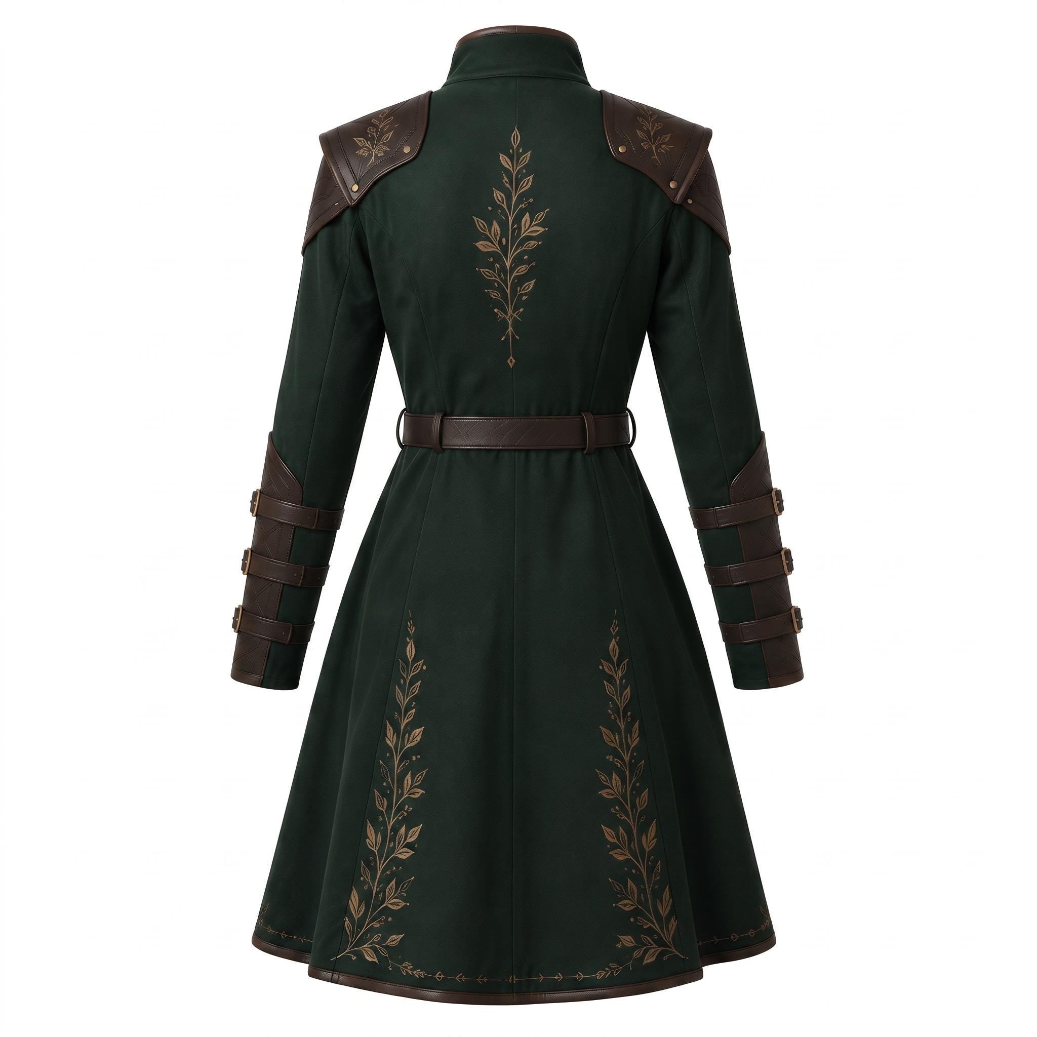 Women's Dark Green Elven Ranger Coat with Leather Accents and Embroidery