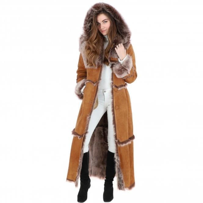 Women’s Premium Full-Length Suede Leather Coat with Full Fur Interior | women long length sheepskin coat brown, Tan and Black