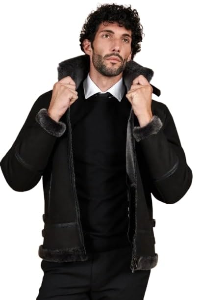 Timber&Hide Peter Black Suede Lamb Shearling Biker Jacket with Buckle Collar – Suede Shearling Jacket