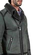 Jasper Grey Shearling Biker Jacket with Cross Zipper – Suede Bomber Jacket
