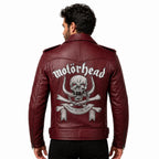 Motorhead Inspired Burgundy Leather Biker Jacket with Skull Print