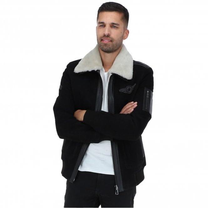 Premium Leather Aviator Jacket with Detachable Collar Black/Cream
