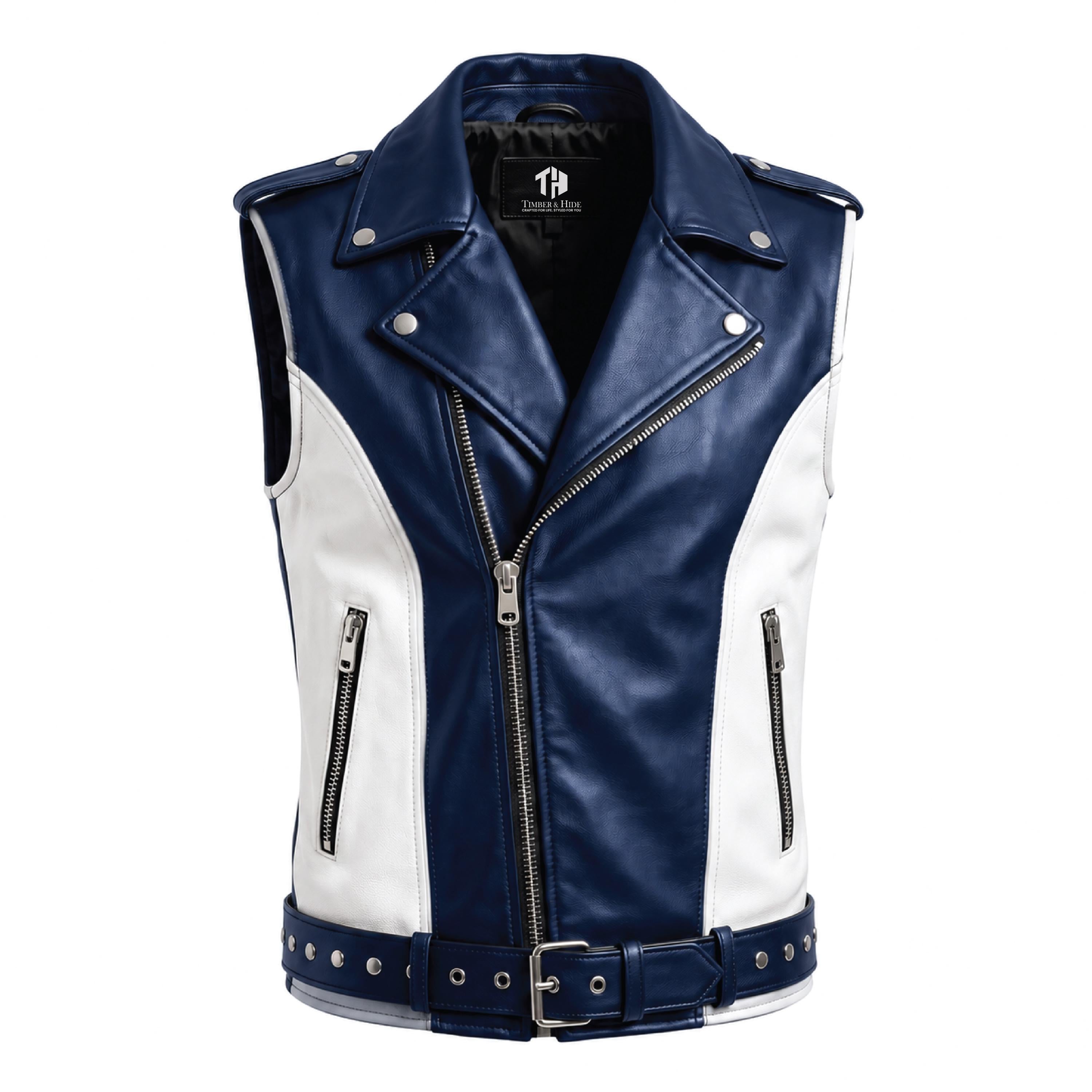 Men's Blue White Leather Biker Vest | Phoenix Print Motorcycle Riding Waistcoat