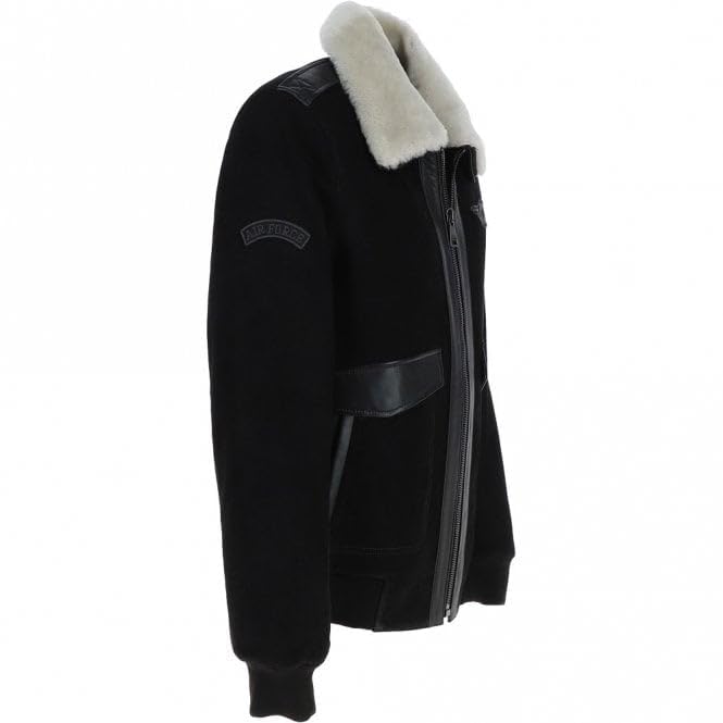 Premium Leather Aviator Jacket with Detachable Collar Black/Cream