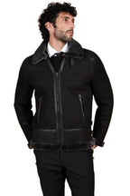 Timber&Hide Peter Black Suede Lamb Shearling Biker Jacket with Buckle Collar – Suede Shearling Jacket