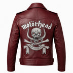 Timber&Hide Motorhead Inspired Leather Biker Jacket | Skull Printed Leather Jacket | Men's Burgundy Leather Motorcycle Jacket