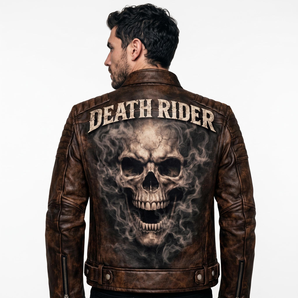 motorcycle jacket with skull back | brown leather biker jacket | vintage moto style