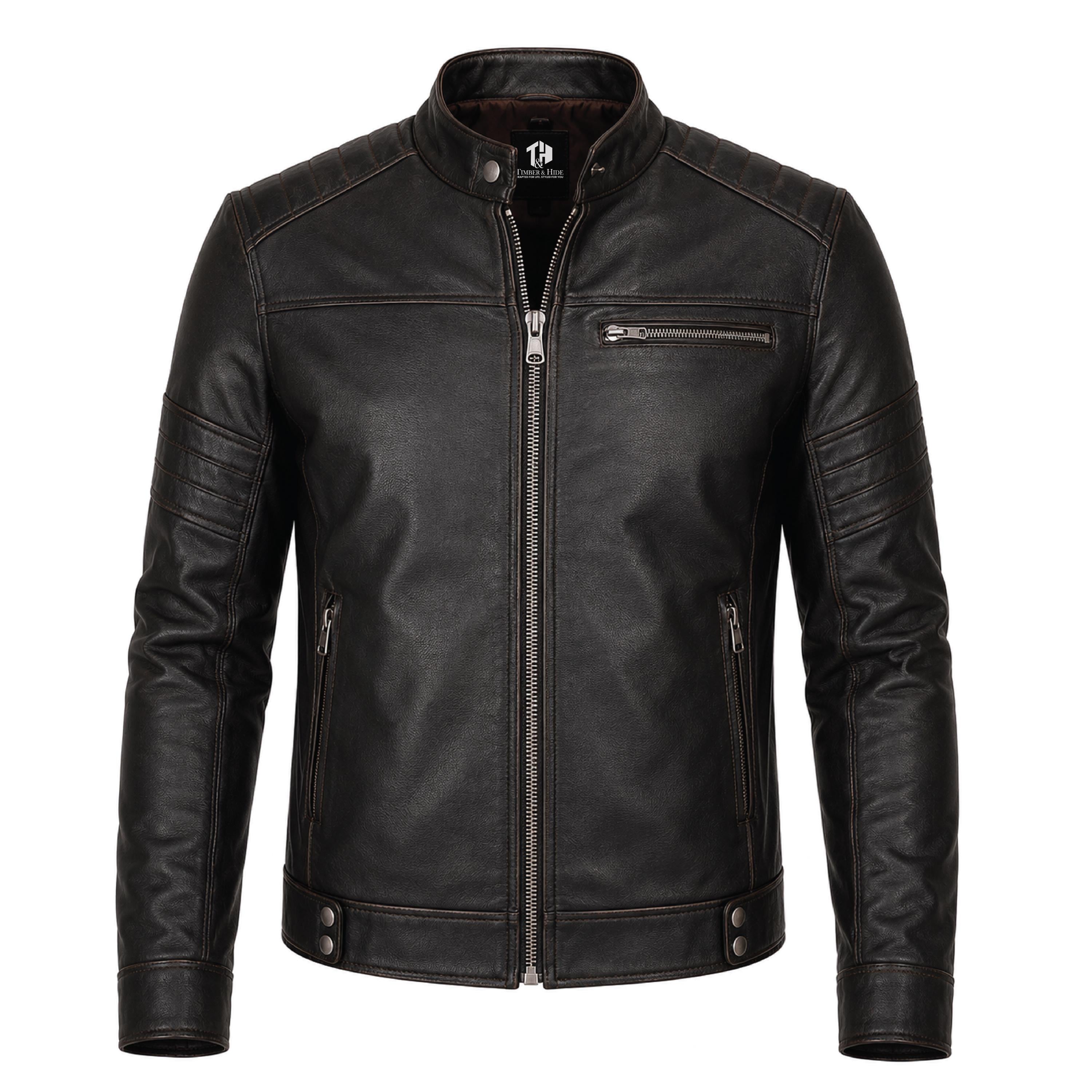 Men's Black Leather Biker Jacket, Sword Flame Graphic Rider Coat