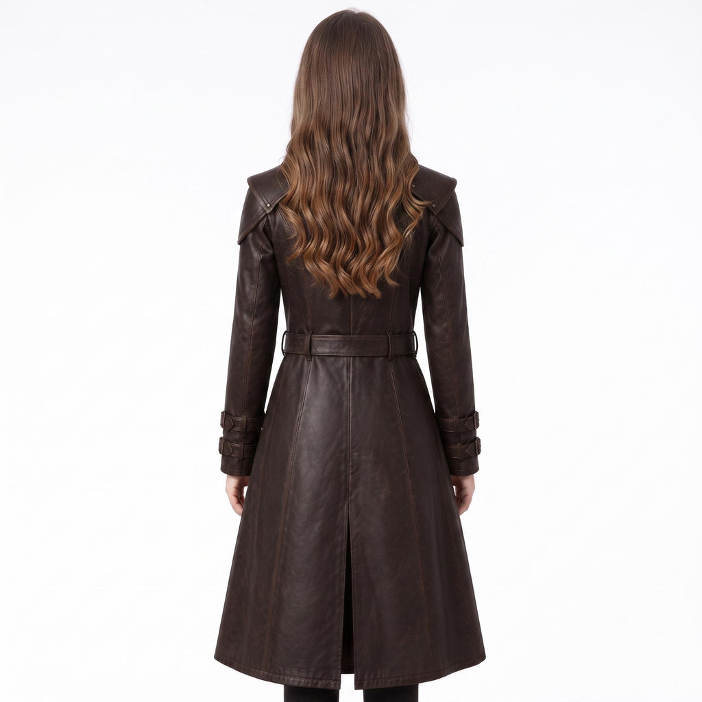 Brown Leather Trench Coat | Medieval Gothic Long Overcoat, Belted Fantasy Jacket