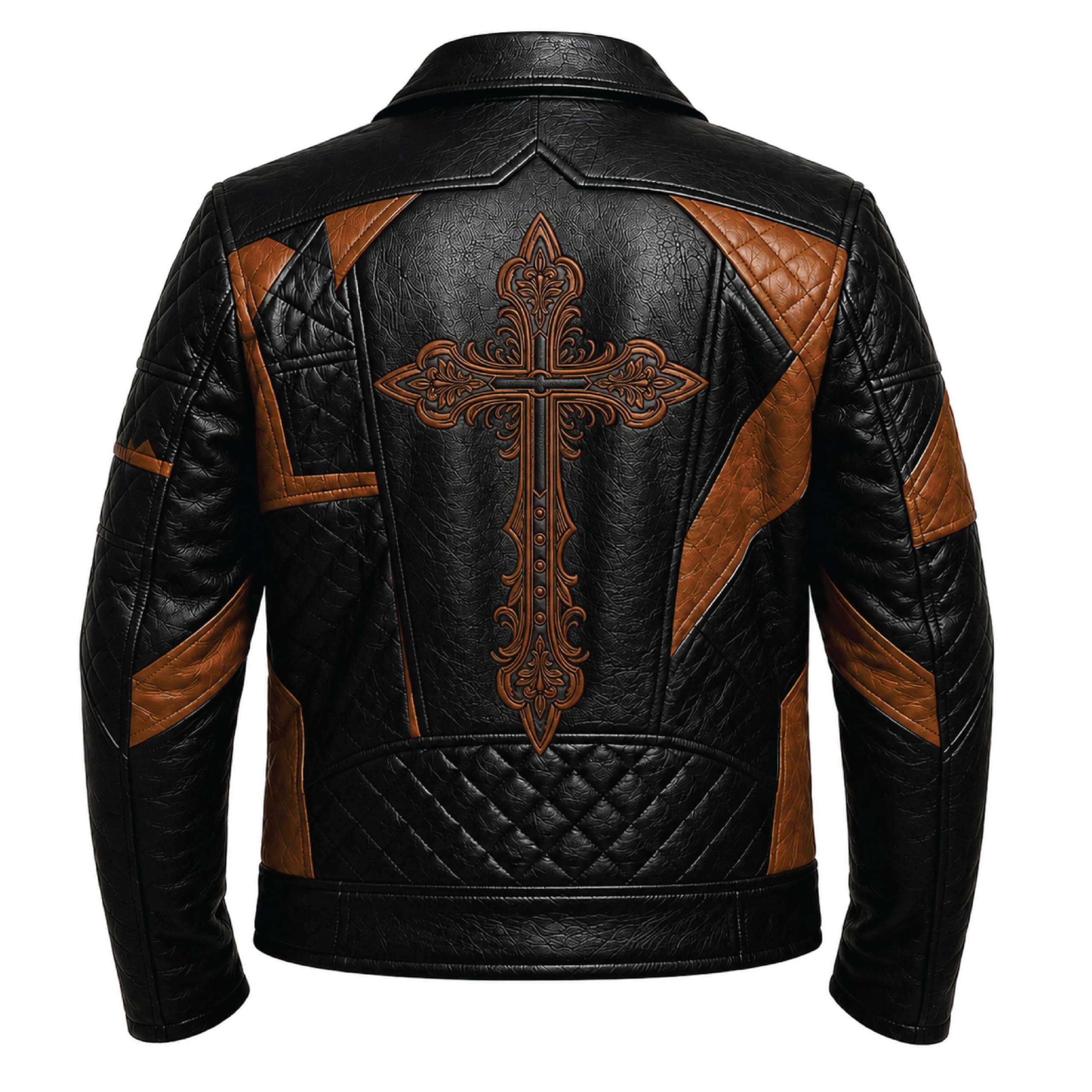 Timber&Hide Men's Patchwork Leather Biker Jacket | Handmade Motorcycle Jacket | Gothic Cross Back Patch | Vintage Cafe Racer Coat | Genuine Leather Jacket