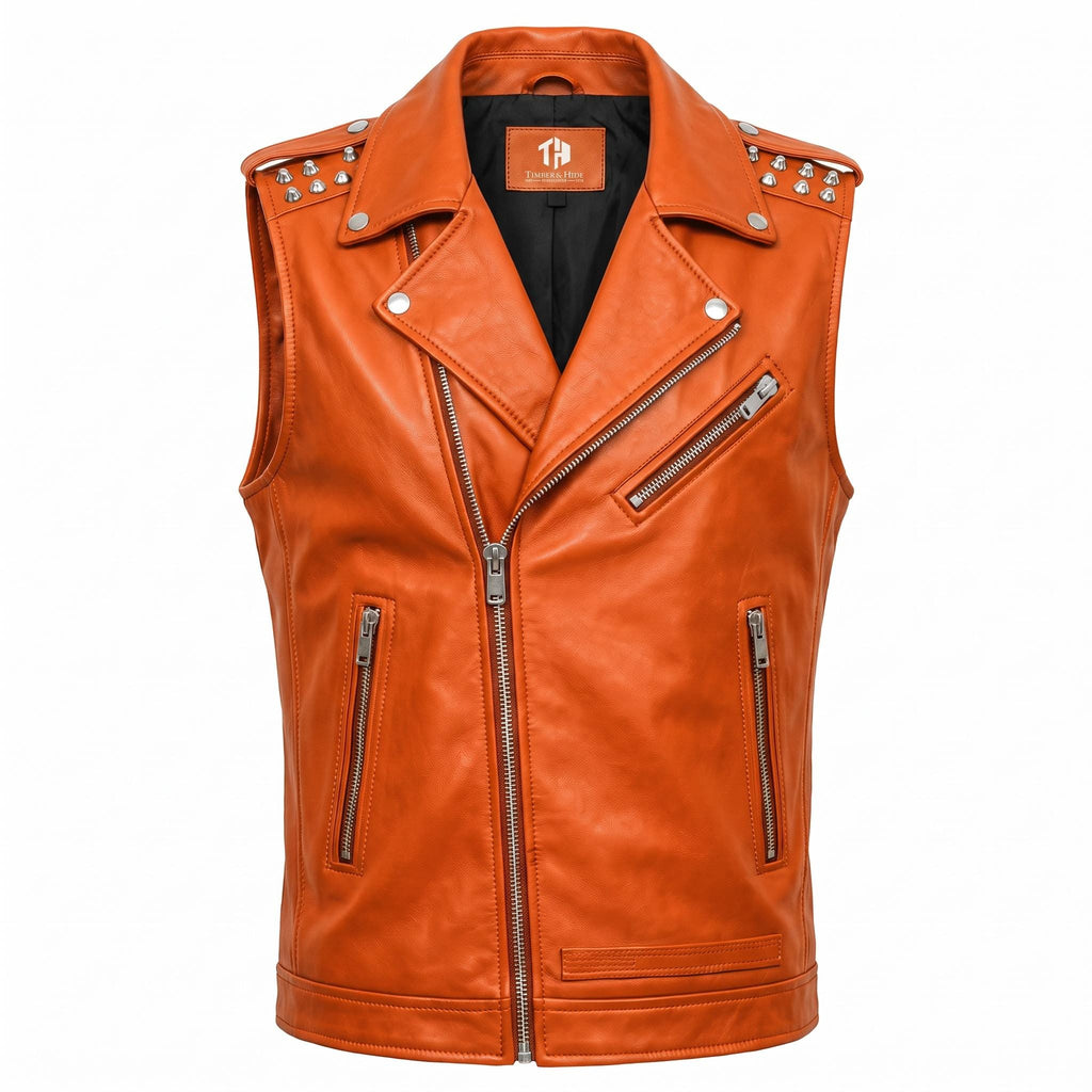 Men's Genuine Leather Biker Vest – Studded Double Rider Motorcycle Jacket