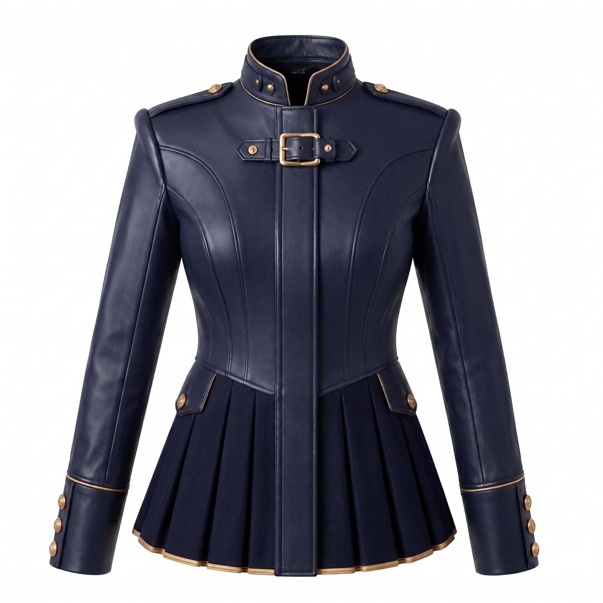 Navy Blue Leather Peplum Jacket: Victorian Military Officer Style Blazer