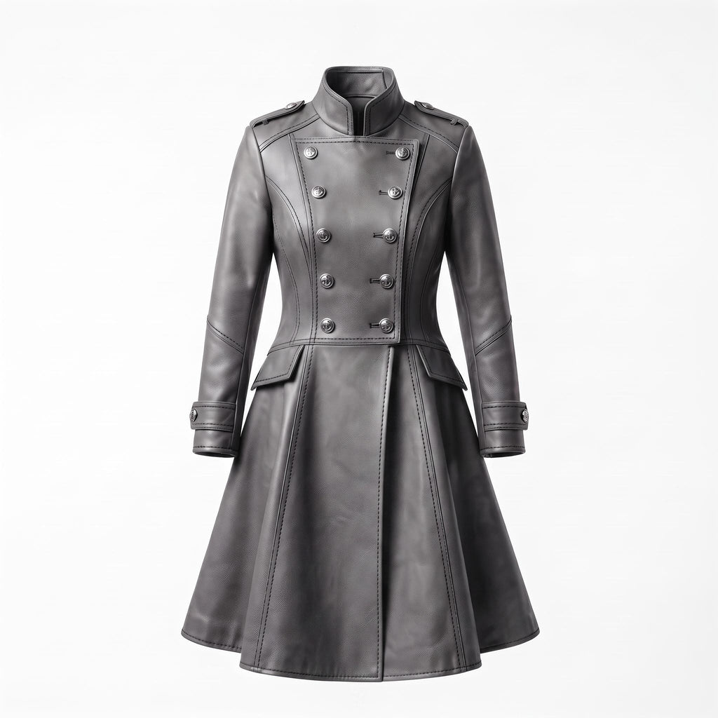 Grey Leather Military Coat, Double Breasted Gothic Victorian Jacket
